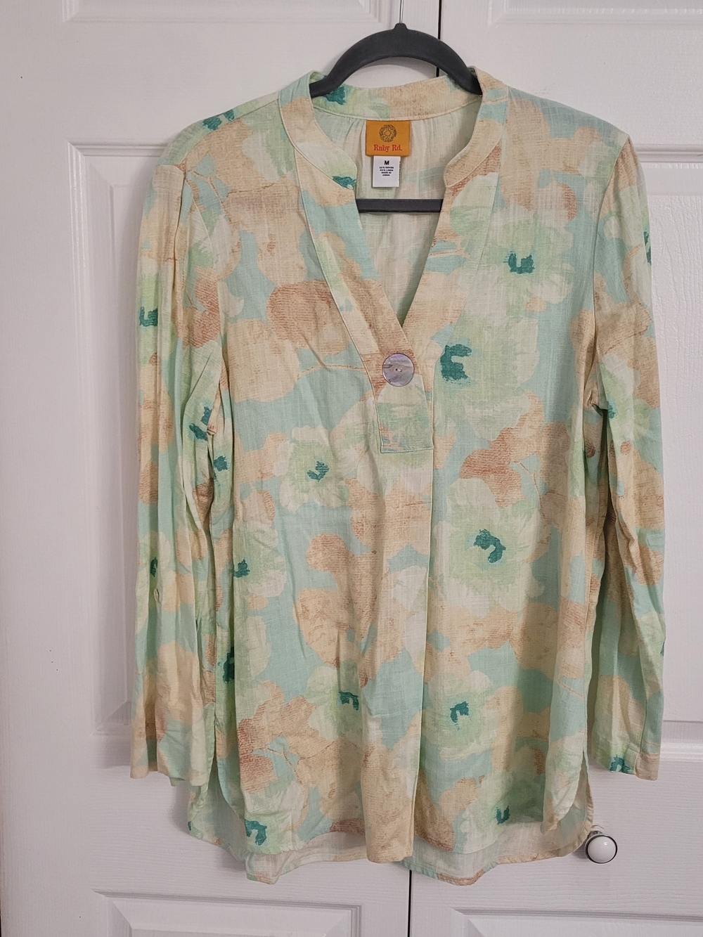 Ruby Rd. Mint & Cream Floral  Blouse Linen Medium